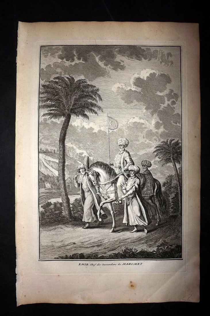 Picart, Bernard 1741 Folio Print. Turkey Islam - Emir descendant of Mohammed: Folio Copper Plate Published Published 1741, Paris for "Histoire generale des ceremonies, moeurs, et coutumes religieuses de tous les Peuples du Monde" by Bernard Picart. Paper Size: 15.5 x 10 inch (3