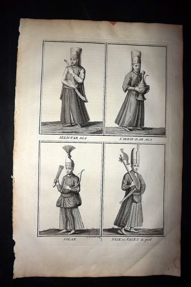 Picart, Bernard 1741 Folio Print. Turkey - Aga, Solak Costume: Folio Copper Plate Published Published 1741, Paris for "Histoire generale des ceremonies, moeurs, et coutumes religieuses de tous les Peuples du Monde" by Bernard Picart. Paper Size: 15.5 x 10 inch (3