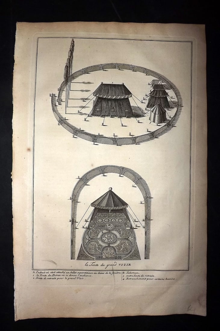 Picart, Bernard 1741 Folio Print. Turkey - Tent of the Grand Vizir: Folio Copper Plate Published Published 1741, Paris for "Histoire generale des ceremonies, moeurs, et coutumes religieuses de tous les Peuples du Monde" by Bernard Picart. Paper Size: 15.5 x 10 inch (3