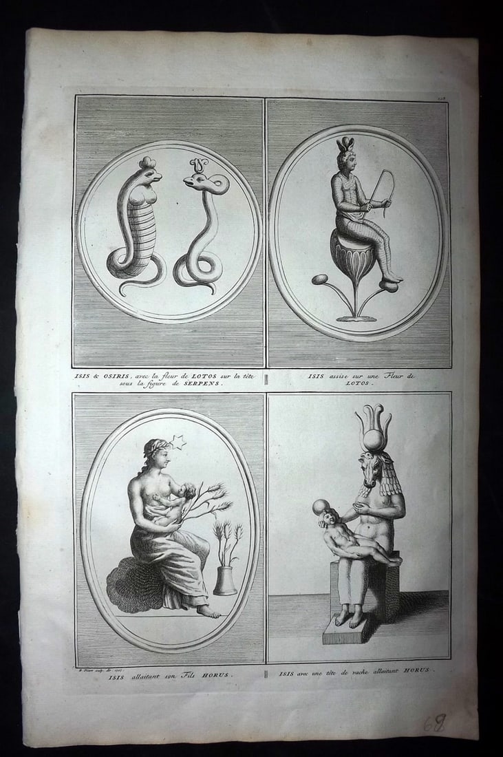 Picart, Bernard 1741 Folio Print. Gods - Isis, Horus etc: Folio Copper Plate Published Published 1741, Paris for "Histoire generale des ceremonies, moeurs, et coutumes religieuses de tous les Peuples du Monde" by Bernard Picart. Paper Size: 15.5 x 10 inch (3