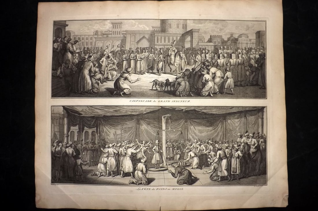 Picart, Bernard 1741 LG Folio Print. Turkey - Cavalcade of the Grand Seigneur: Folio Copper Plate Published Published 1741, Paris for "Histoire generale des ceremonies, moeurs, et coutumes religieuses de tous les Peuples du Monde" by Bernard Picart. Centre fold as published. Pap