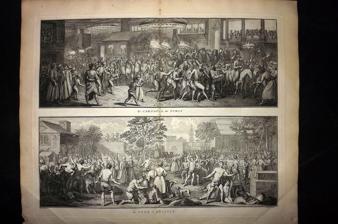 Picart, Bernard 1741 LG Folio Print. Turkey - Carnival of Turks: Folio Copper Plate Published Published 1741, Paris for "Histoire generale des ceremonies, moeurs, et coutumes religieuses de tous les Peuples du Monde" by Bernard Picart. Centre fold as published. Pap