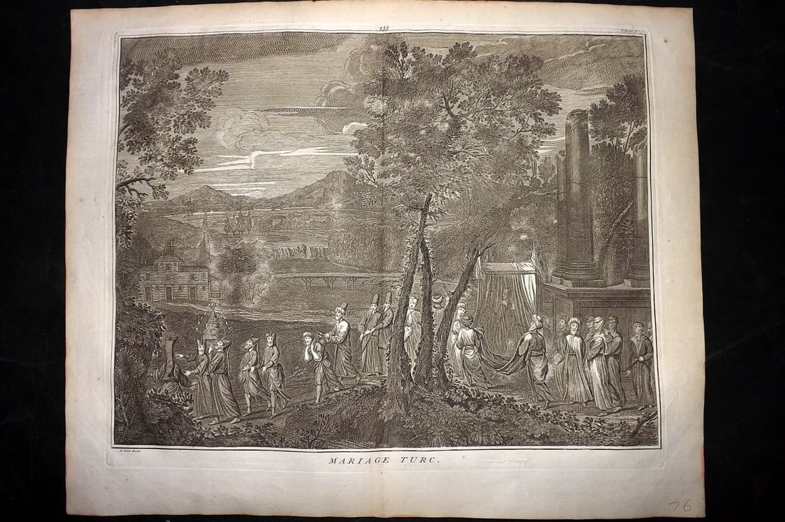 Picart, Bernard 1741 LG Folio Print. Turkey - Marriage of the Turks: Folio Copper Plate Published Published 1741, Paris for "Histoire generale des ceremonies, moeurs, et coutumes religieuses de tous les Peuples du Monde" by Bernard Picart. Centre fold as published. Pap