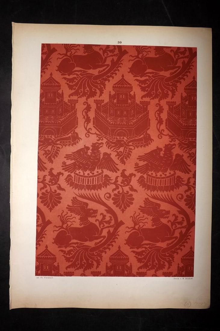 Fischbach, Frederick 1884 Folio Textile Print. Lucca Fabric of the 13th & 14th Cent. 30: Folio Chromolithograph Published 1882-84, London for "Ornament of Textile Fabrics" by Frederick Fischbach. Scarce. Paper Size: 17 x 12 inch (43 x 30cm) Good Condition