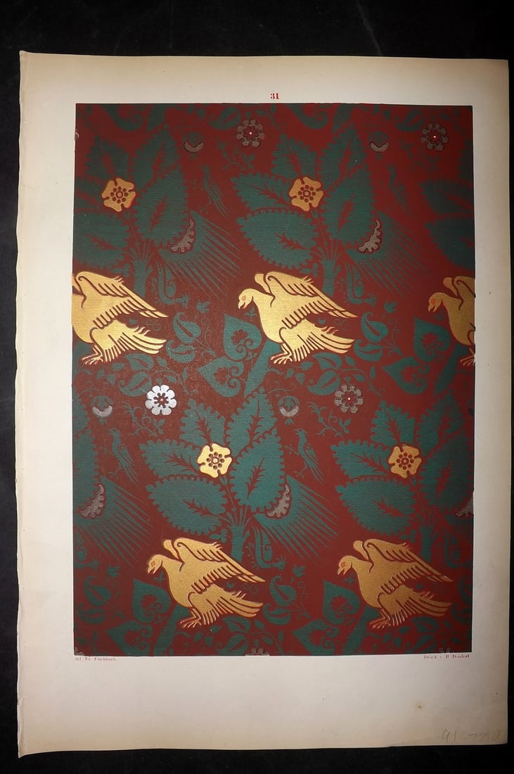 Fischbach, Frederick 1884 Folio Textile Print. Lucca Fabric of the 13th Century 31: Folio Chromolithograph Published 1882-84, London for "Ornament of Textile Fabrics" by Frederick Fischbach. Scarce. Paper Size: 17 x 12 inch (43 x 30cm) Good Condition