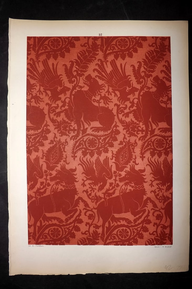 Fischbach, Frederick 1884 Folio Textile Print. Lucca Fabric of the 13th & 14th Cent. 32: Folio Chromolithograph Published 1882-84, London for "Ornament of Textile Fabrics" by Frederick Fischbach. Scarce. Paper Size: 17 x 12 inch (43 x 30cm) Good Condition