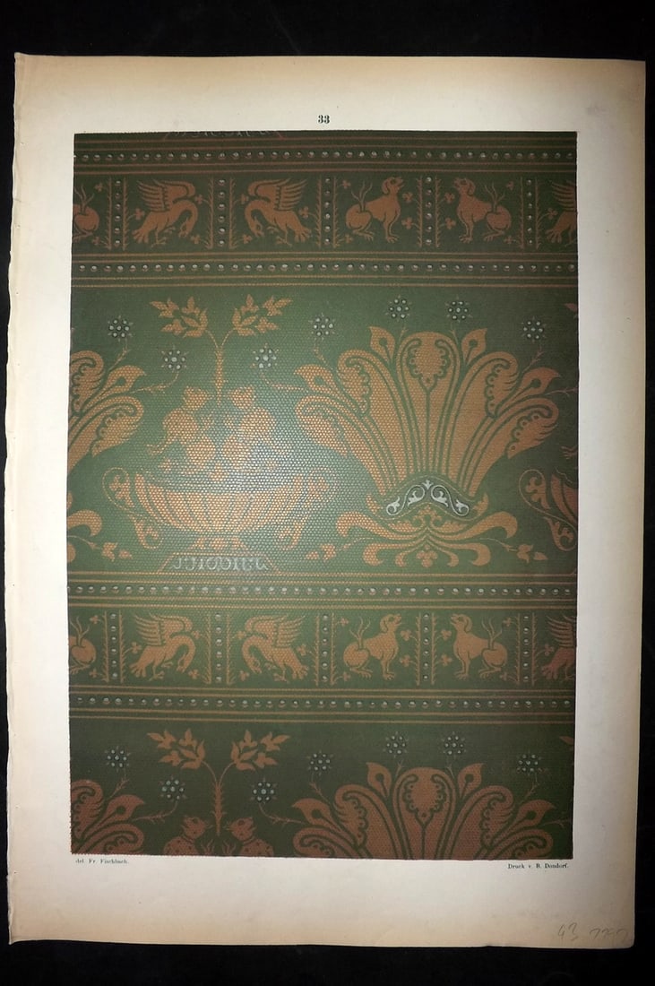Fischbach, Frederick 1884 Folio Textile Print. Sicilo-Saracenic Fabric of the 12th Cent 33: Folio Chromolithograph Published 1882-84, London for "Ornament of Textile Fabrics" by Frederick Fischbach. Scarce. Paper Size: 17 x 12 inch (43 x 30cm) Good Condition