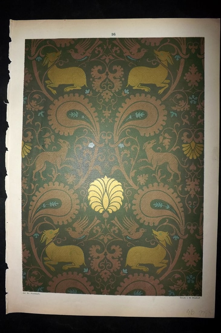 Fischbach, Frederick 1884 Folio Textile Print. Sicilo-Saracenic Fabric 12-13th Cent 36: Folio Chromolithograph Published 1882-84, London for "Ornament of Textile Fabrics" by Frederick Fischbach. Scarce. Paper Size: 17 x 12 inch (43 x 30cm) Good Condition