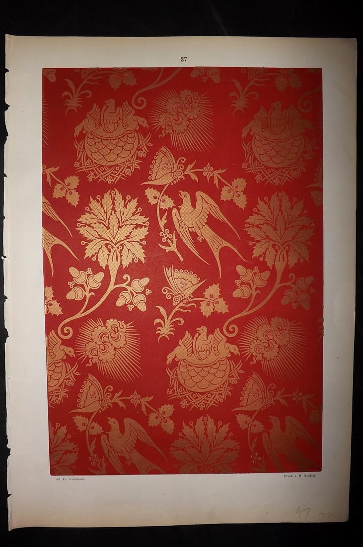 Fischbach, Frederick 1884 Folio Textile Print. Italian Gold Tissue of the 15th Century 37: Folio Chromolithograph Published 1882-84, London for "Ornament of Textile Fabrics" by Frederick Fischbach. Scarce. Paper Size: 17 x 12 inch (43 x 30cm) Good Condition