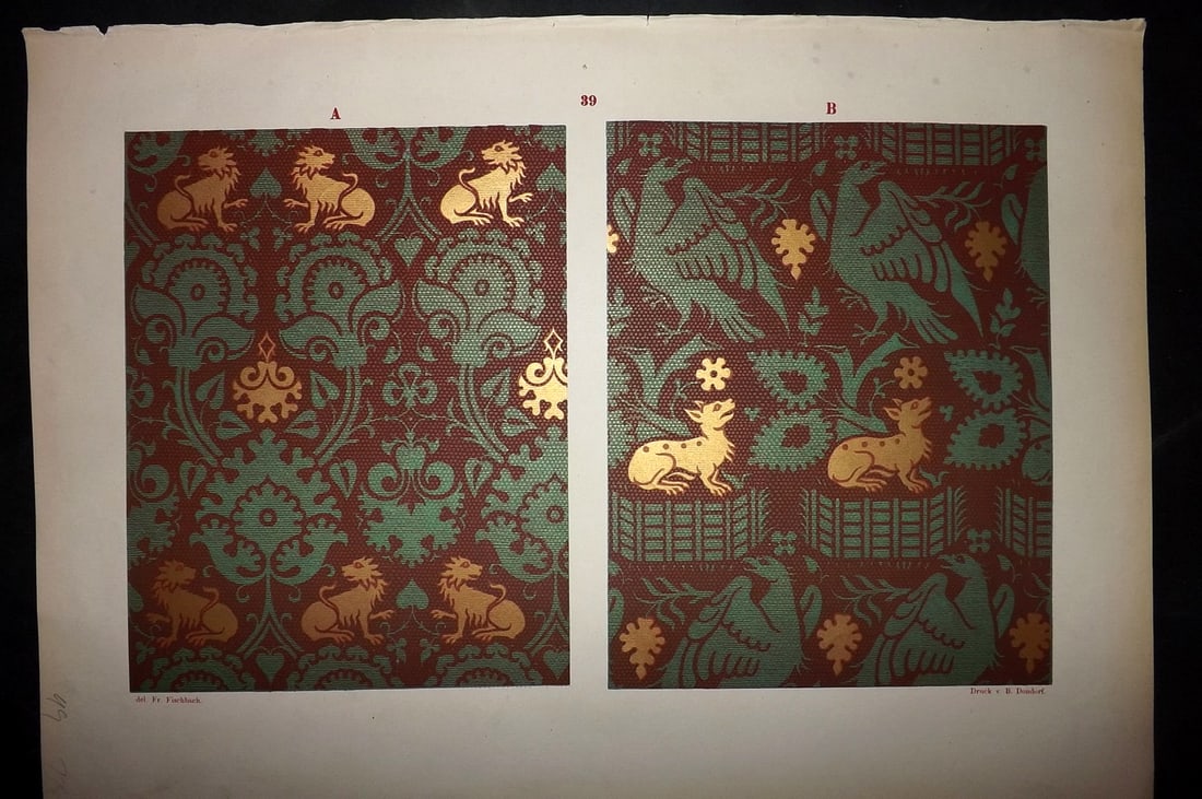 Fischbach, Frederick 1884 Folio Textile Print. North Italian Manufacture of the 14th Cent. 39: Folio Chromolithograph Published 1882-84, London for "Ornament of Textile Fabrics" by Frederick Fischbach. Scarce. Paper Size: 17 x 12 inch (43 x 30cm) Good Condition