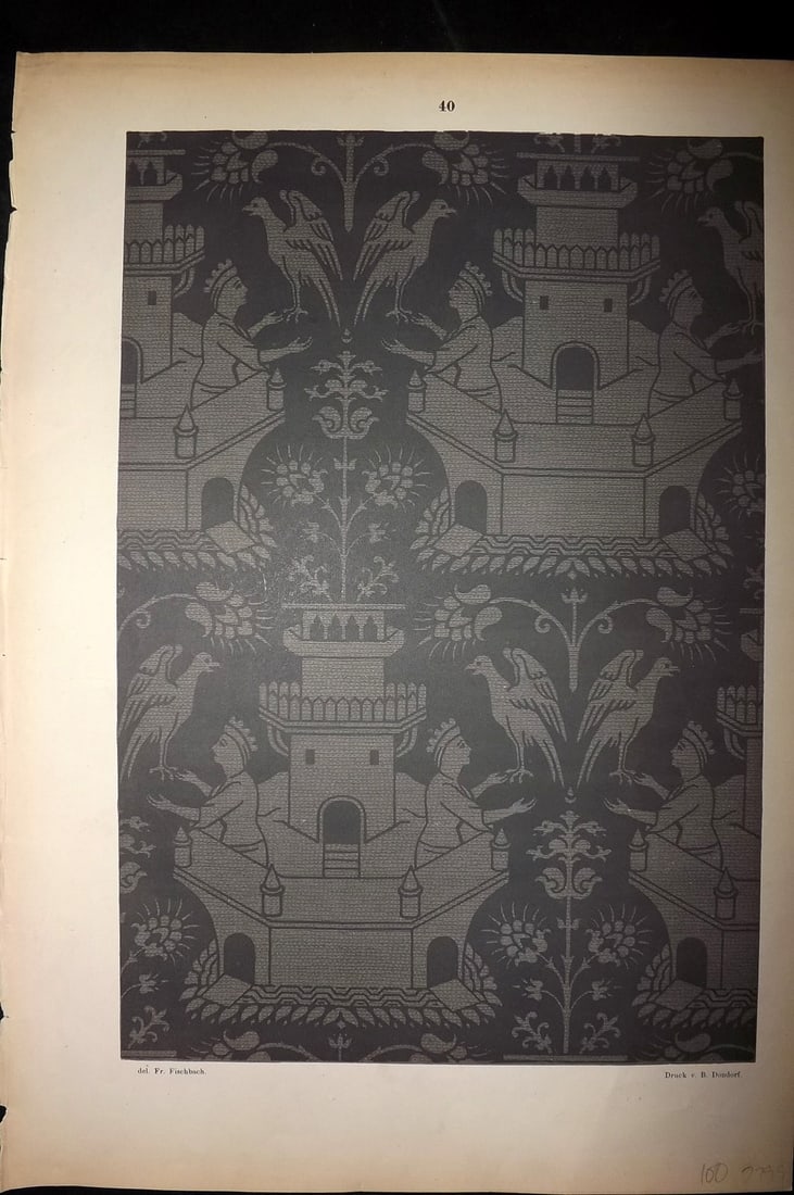 Fischbach, Frederick 1884 Folio Textile Print. North Italian Atlas Fabric of the 14th Cent. 40: Folio Chromolithograph Published 1882-84, London for "Ornament of Textile Fabrics" by Frederick Fischbach. Scarce. Paper Size: 17 x 12 inch (43 x 30cm) Good Condition