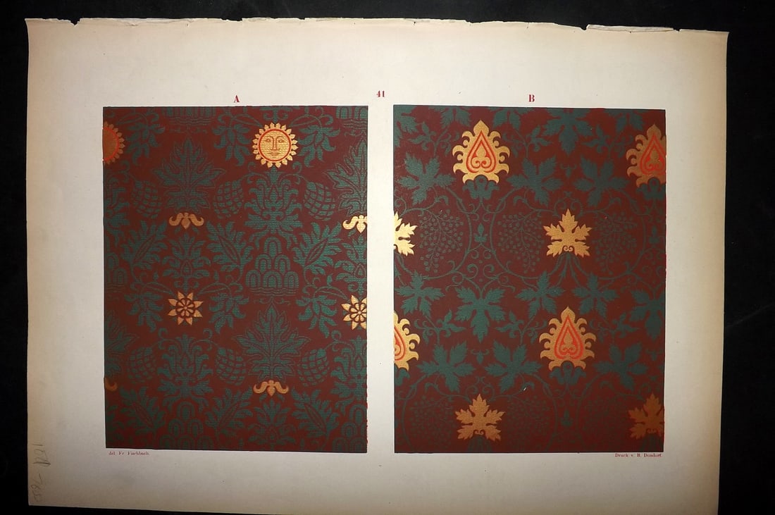 Fischbach, Frederick 1884 Folio Textile Print. North Italian Fabrics of the 14-15th Cent. 41: Folio Chromolithograph Published 1882-84, London for "Ornament of Textile Fabrics" by Frederick Fischbach. Scarce. Paper Size: 17 x 12 inch (43 x 30cm) Good Condition