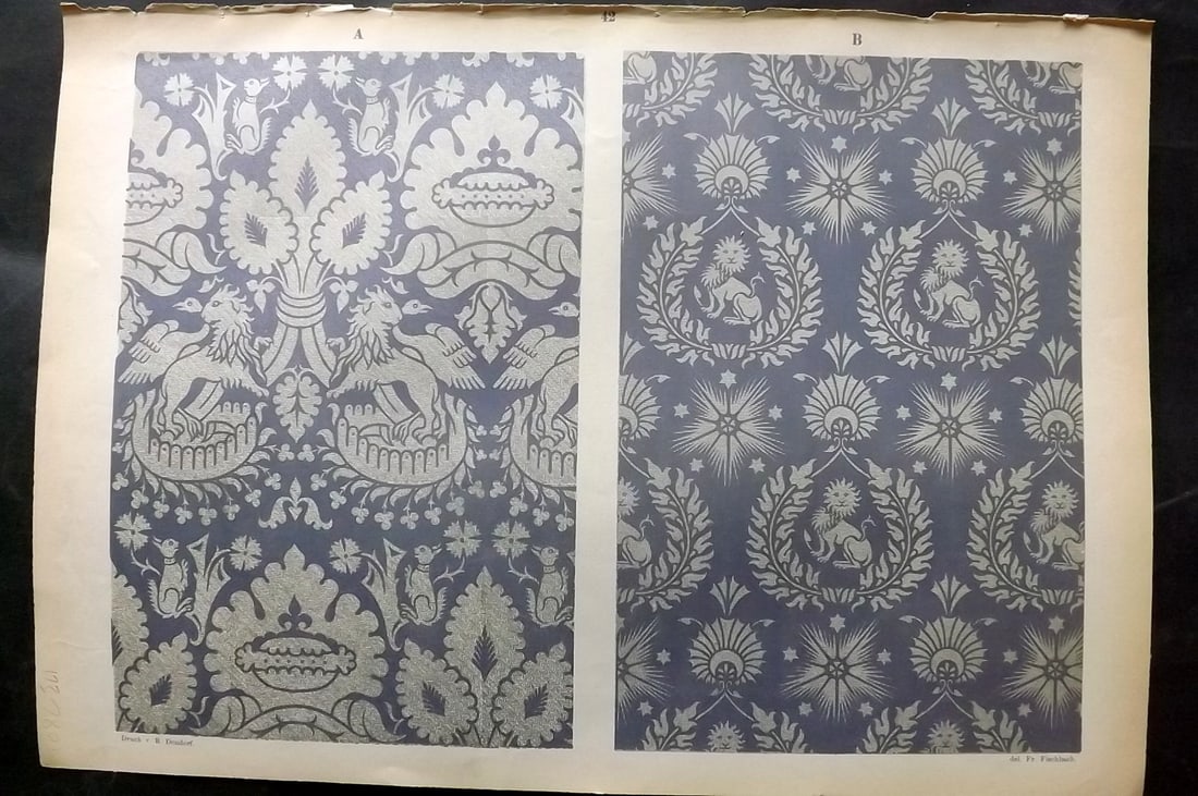 Fischbach, Frederick 1884 Folio Textile Print. North Italian Manufacture of the 14th Cent. 42: Folio Chromolithograph Published 1882-84, London for "Ornament of Textile Fabrics" by Frederick Fischbach. Scarce. Paper Size: 17 x 12 inch (43 x 30cm) Good Condition