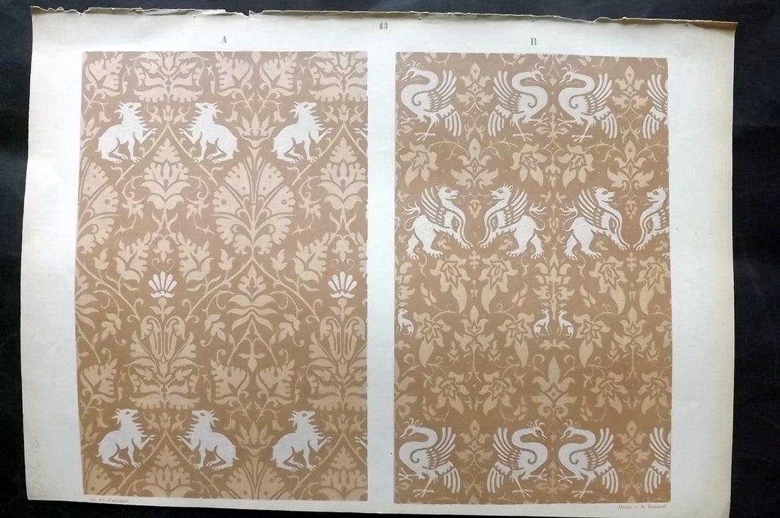 Fischbach, Frederick 1884 Folio Textile Print. North Italian Tissues of the 14-15th Cent. 43: Folio Chromolithograph Published 1882-84, London for "Ornament of Textile Fabrics" by Frederick Fischbach. Scarce. Paper Size: 17 x 12 inch (43 x 30cm) Good Condition