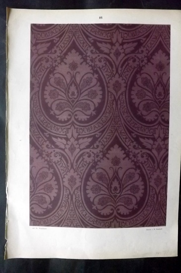 Fischbach, Frederick 1884 Folio Textile Print. Italian Tissue of the 15th Century 46: Folio Chromolithograph Published 1882-84, London for "Ornament of Textile Fabrics" by Frederick Fischbach. Scarce. Paper Size: 17 x 12 inch (43 x 30cm) Good Condition