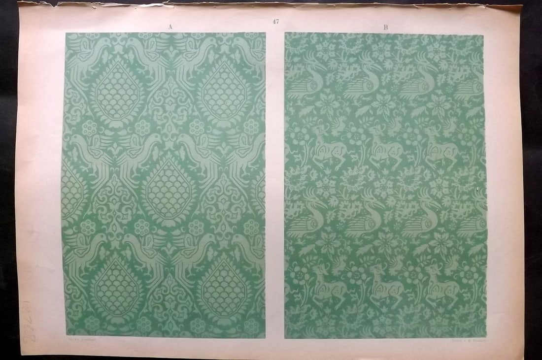 Fischbach, Frederick 1884 Folio Textile Print. Saracenic Fabrics of the 11th Century 47: Folio Chromolithograph Published 1882-84, London for "Ornament of Textile Fabrics" by Frederick Fischbach. Scarce. Paper Size: 17 x 12 inch (43 x 30cm) Good Condition
