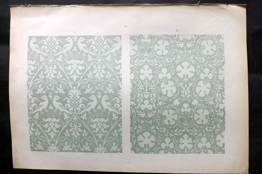 Fischbach, Frederick 1884 Folio Textile Print. Florentine Tissue of the 15th Century 48: Folio Chromolithograph Published 1882-84, London for "Ornament of Textile Fabrics" by Frederick Fischbach. Scarce. Paper Size: 17 x 12 inch (43 x 30cm) Good Condition