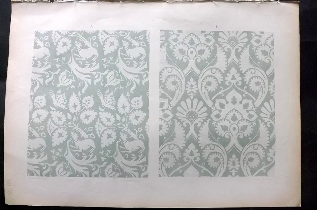 Fischbach, Frederick 1884 Folio Textile Print. After an Italian Tissue of the14th Cent. 50: Folio Chromolithograph Published 1882-84, London for "Ornament of Textile Fabrics" by Frederick Fischbach. Scarce. Paper Size: 17 x 12 inch (43 x 30cm) Good Condition