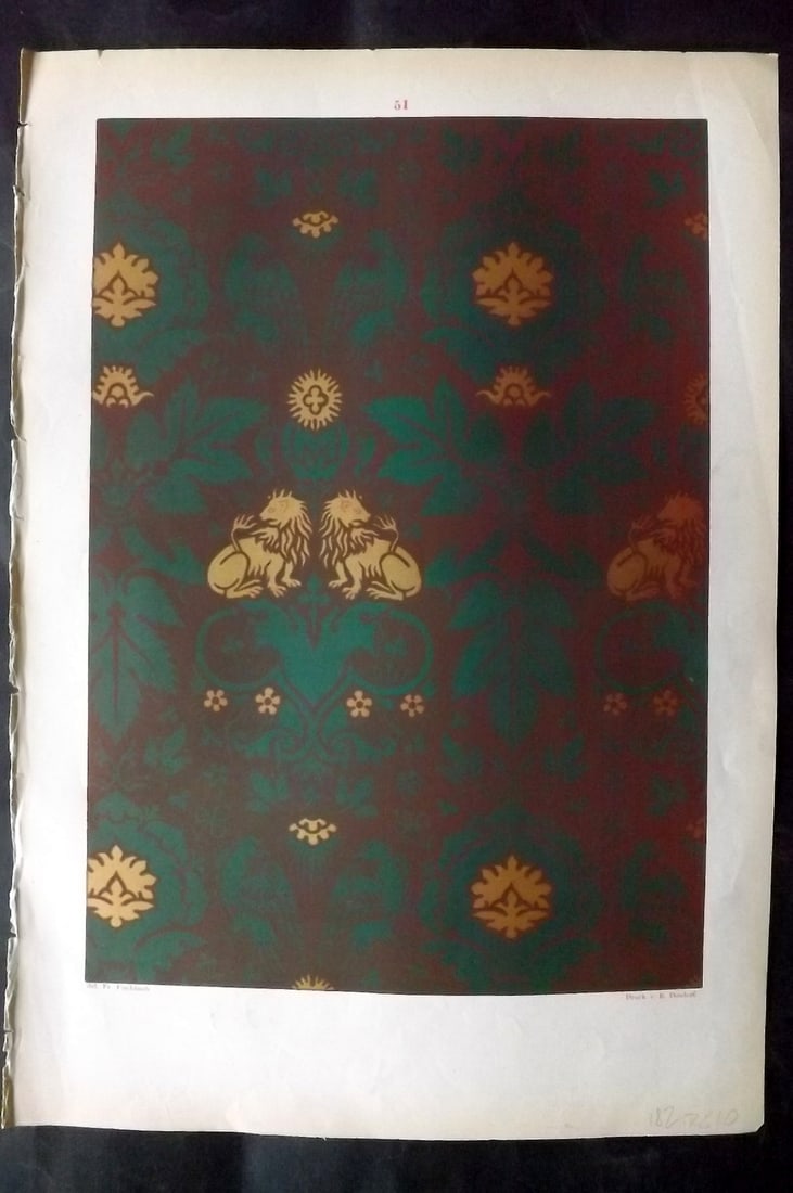 Fischbach, Frederick 1884 Folio Textile Print. North Italian Tissue of the 14th Cent. 51: Folio Chromolithograph Published 1882-84, London for "Ornament of Textile Fabrics" by Frederick Fischbach. Scarce. Paper Size: 17 x 12 inch (43 x 30cm) Good Condition
