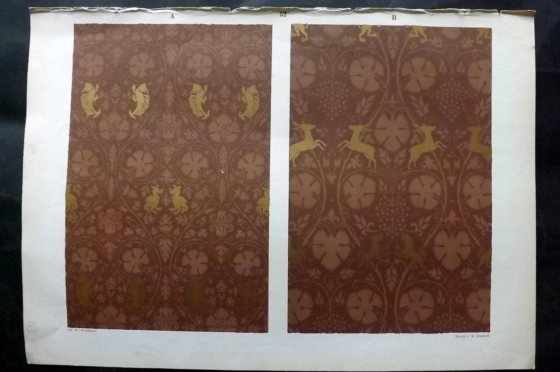 Fischbach, Frederick 1884 Folio Textile Print. Designs of Venetian work of the 14th Cent 52: Folio Chromolithograph Published 1882-84, London for "Ornament of Textile Fabrics" by Frederick Fischbach. Scarce. Paper Size: 17 x 12 inch (43 x 30cm) Good Condition