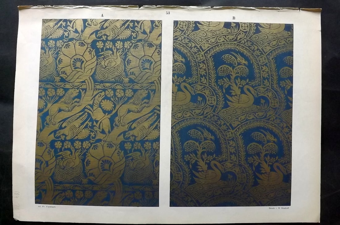 Fischbach, Frederick 1884 Folio Textile Print. Lucca Gold Tissue of the 14th Cent 53: Folio Chromolithograph Published 1882-84, London for "Ornament of Textile Fabrics" by Frederick Fischbach. Scarce. Paper Size: 17 x 12 inch (43 x 30cm) Good Condition