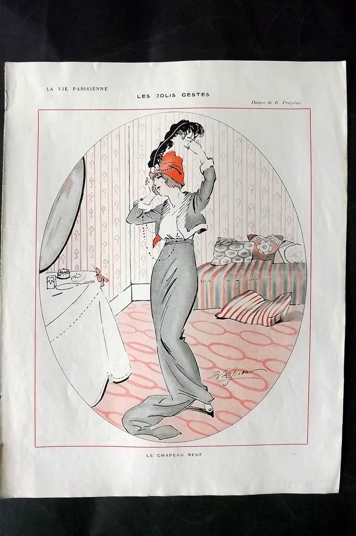 La Vie Parisienne 1913 Art Deco Print. Les Jolis Gestes by Prejelan: Lithographs Published 1928, Paris for "La Vie Parisienne" Illustrated by Lissac, Barbier, Vallet, Valee, Prejelan, Herouard, Fournier, Kuhn-Regnier, Georges L?onnec and others. Verso text, but none sh