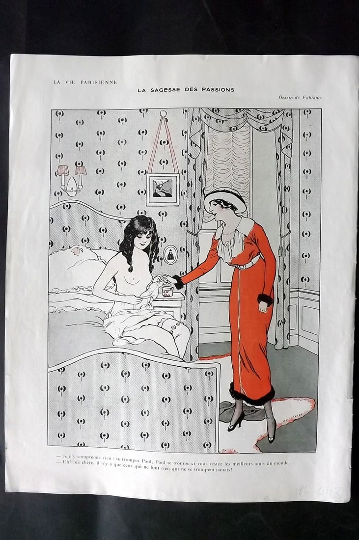 La Vie Parisienne 1913 Art Deco Print. La Sagesse des Passions by Fabiano: Lithographs Published 1928, Paris for "La Vie Parisienne" Illustrated by Lissac, Barbier, Vallet, Valee, Prejelan, Herouard, Fournier, Kuhn-Regnier, Georges L?onnec and others. Verso text, but none sh