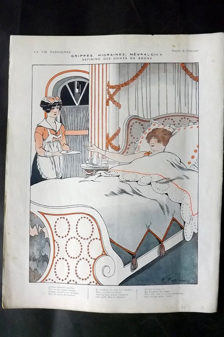 La Vie Parisienne 1917 Art Deco Print. Grippes Migraines Nevralgies by Fabiano: Lithographs Published 1928, Paris for "La Vie Parisienne" Illustrated by Lissac, Barbier, Vallet, Valee, Prejelan, Herouard, Fournier, Kuhn-Regnier, Georges L?onnec and others. Verso text, but none sh