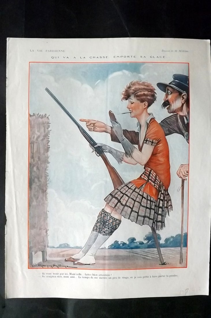 La Vie Parisienne 1926 Art Deco Print. Qui va a la Chasse Emporte sa Glacce by Milliere: Lithographs Published 1928, Paris for "La Vie Parisienne" Illustrated by Lissac, Barbier, Vallet, Valee, Prejelan, Herouard, Fournier, Kuhn-Regnier, Georges L?onnec and others. Verso text, but none sh