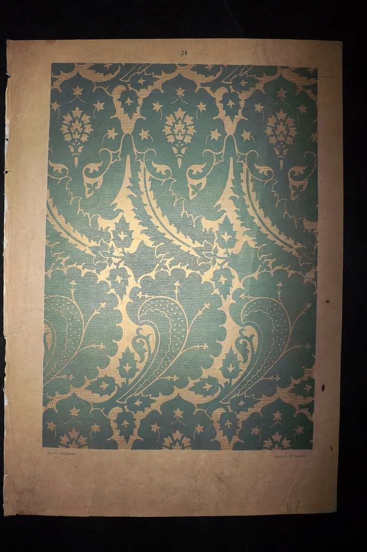Fischbach, Frederick 1884 Folio Textile Print. Background Designs in the Cathedral of Cologne 74: Folio Chromolithograph Published 1882-84, London for "Ornament of Textile Fabrics" by Frederick Fischbach. Scarce. Paper Size: 17 x 12 inch (43 x 30cm) Good Condition