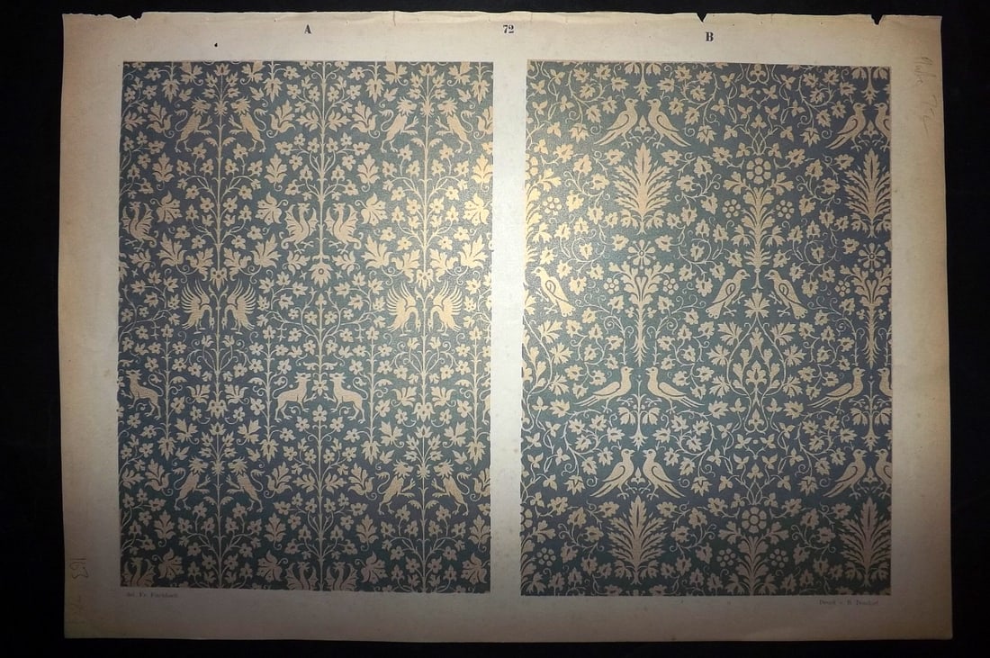 Fischbach, Frederick 1884 Folio Textile Print. Florentine Tissues end of 15th Century 72: Folio Chromolithograph Published 1882-84, London for "Ornament of Textile Fabrics" by Frederick Fischbach. Scarce. Paper Size: 17 x 12 inch (43 x 30cm) Good Condition