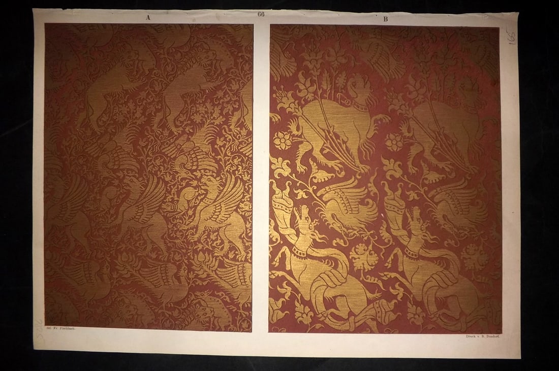 Fischbach, Frederick 1884 Folio Textile Print. Lucca tissue of the 13th & 14th Century 66: Folio Chromolithograph Published 1882-84, London for "Ornament of Textile Fabrics" by Frederick Fischbach. Scarce. Paper Size: 17 x 12 inch (43 x 30cm) Good Condition