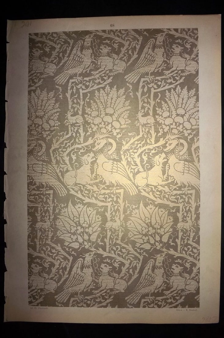 Fischbach, Frederick 1884 Folio Textile Print. Lucca Tissue of the 14th Century 68: Folio Chromolithograph Published 1882-84, London for "Ornament of Textile Fabrics" by Frederick Fischbach. Scarce. Paper Size: 17 x 12 inch (43 x 30cm) Good Condition