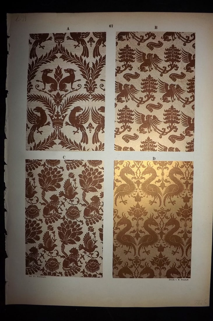Fischbach, Frederick 1884 Folio Textile Print. Ornaments that appeared on Old German Paintings 67: Folio Chromolithograph Published 1882-84, London for "Ornament of Textile Fabrics" by Frederick Fischbach. Scarce. Paper Size: 17 x 12 inch (43 x 30cm) Good Condition