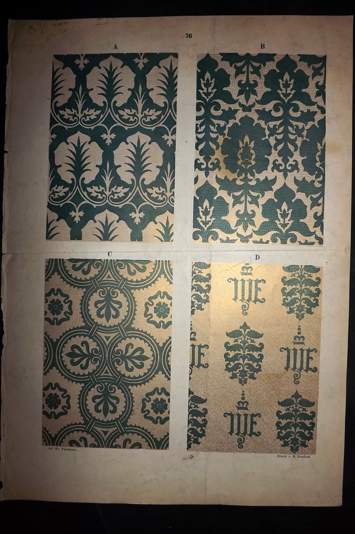 Fischbach, Frederick 1884 Folio Textile Print. Patterns upon Garments of Old Cologne School 14-15th: Folio Chromolithograph Published 1882-84, London for "Ornament of Textile Fabrics" by Frederick Fischbach. Scarce. Paper Size: 17 x 12 inch (43 x 30cm) Good Condition