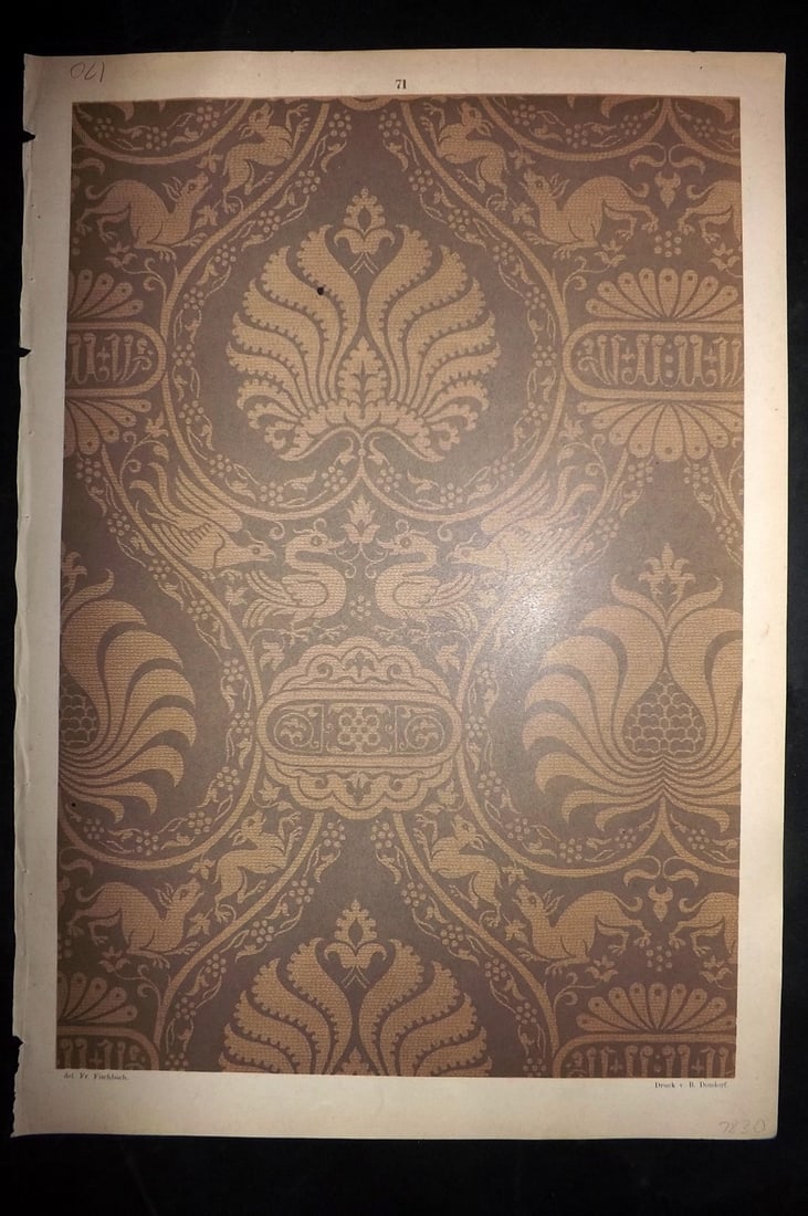 Fischbach, Frederick 1884 Folio Textile Print. Sicilo-Saracenic tissue of the 12th Century 71: Folio Chromolithograph Published 1882-84, London for "Ornament of Textile Fabrics" by Frederick Fischbach. Scarce. Paper Size: 17 x 12 inch (43 x 30cm) Good Condition