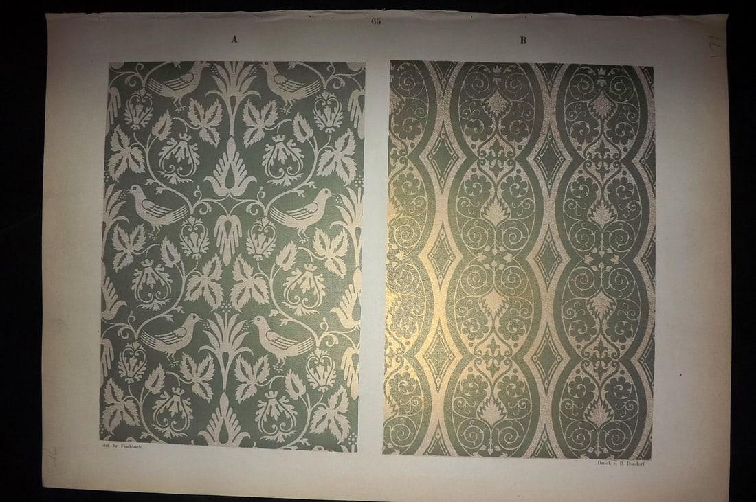 Fischbach, Frederick 1884 Folio Textile Print. Silk Fabric probably woven in Zurich 65: Folio Chromolithograph Published 1882-84, London for "Ornament of Textile Fabrics" by Frederick Fischbach. Scarce. Paper Size: 17 x 12 inch (43 x 30cm) Good Condition