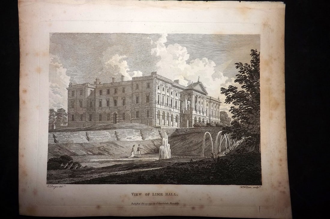 Aiken, John 1795 Antique Print. View of Lime Hall Lyme Park Disley Cheshire: Copper Plate Published 1795, London for "A Description of the Country from Thirty to Forty Miles Round Manchester" by John Aiken. Paper Size: 11.5 x 9 inch (29 x 23cm) Minor toning. Good Condition