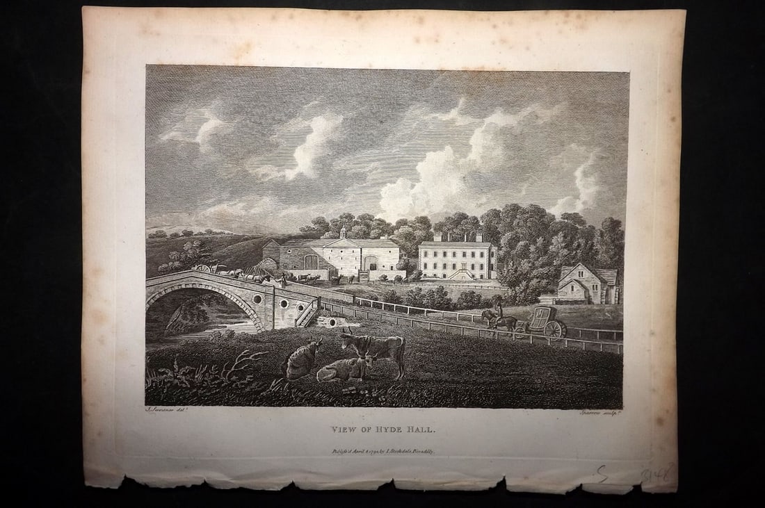Aiken, John 1795 Antique Print. Hyde Hall, Denton, Manchester: Copper Plate Published 1795, London for "A Description of the Country from Thirty to Forty Miles Round Manchester" by John Aiken. Paper Size: 11.5 x 9 inch (29 x 23cm) Minor margin toning. Good Condit