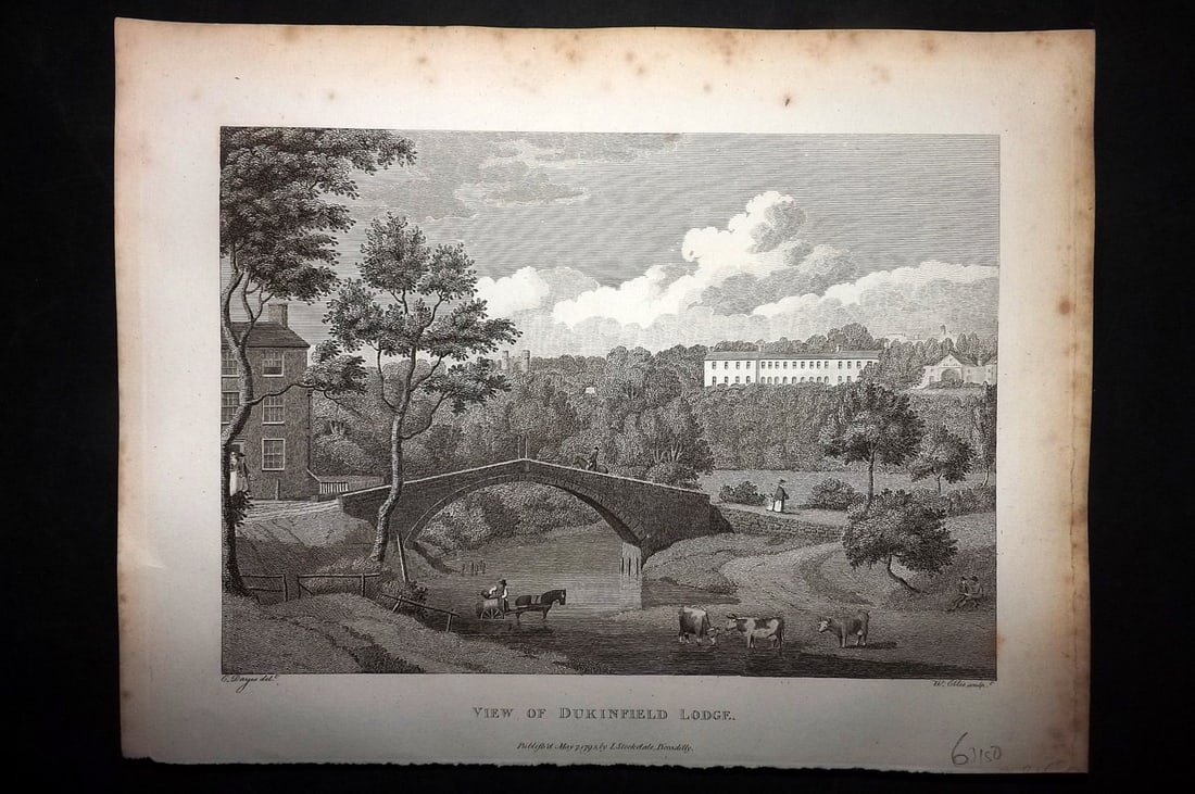 Aiken, John 1795 Antique Print. View of Dukinfield Lodge: Copper Plate Published 1795, London for "A Description of the Country from Thirty to Forty Miles Round Manchester" by John Aiken. Paper Size: 11.5 x 9 inch (29 x 23cm) Minor margin toning. Good Condit
