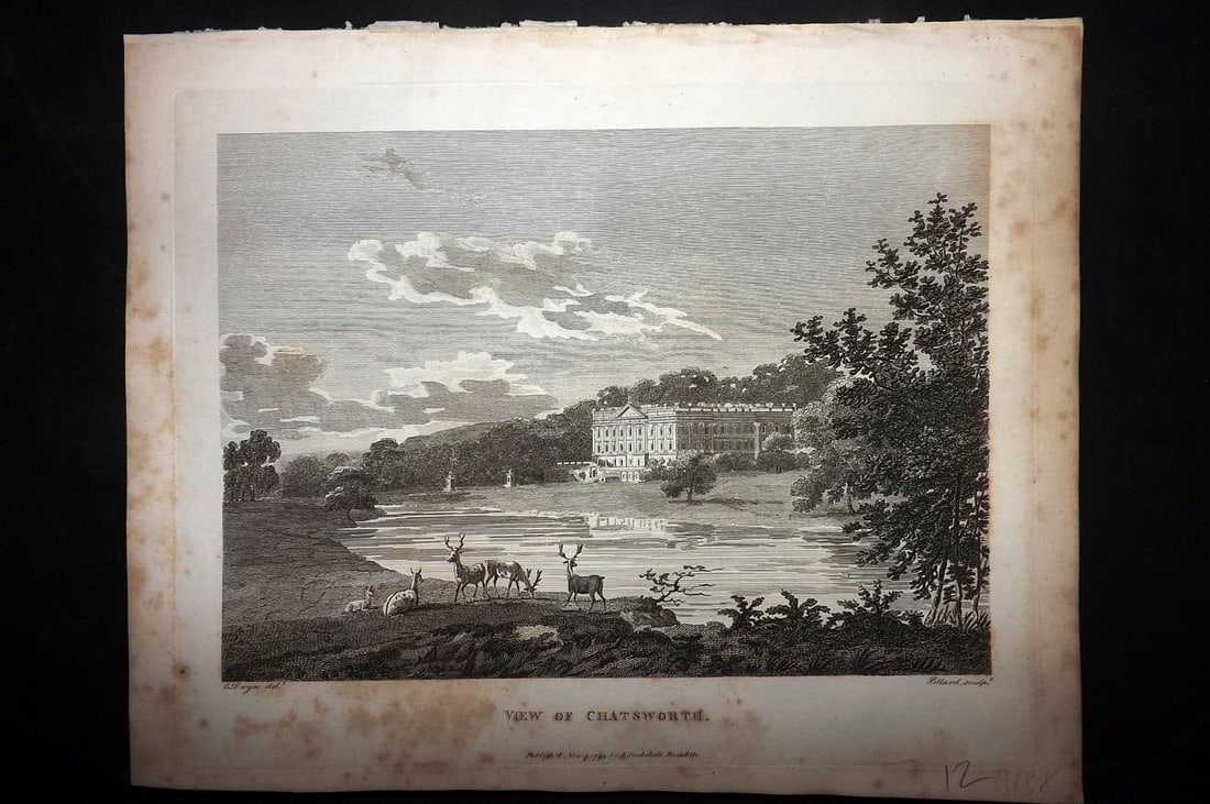 Aiken, John 1795 Antique Print. View of Chatsworth, Derbyshire: Copper Plate Published 1795, London for "A Description of the Country from Thirty to Forty Miles Round Manchester" by John Aiken. Paper Size: 11.5 x 9 inch (29 x 23cm) Some margin toning. Good Conditi