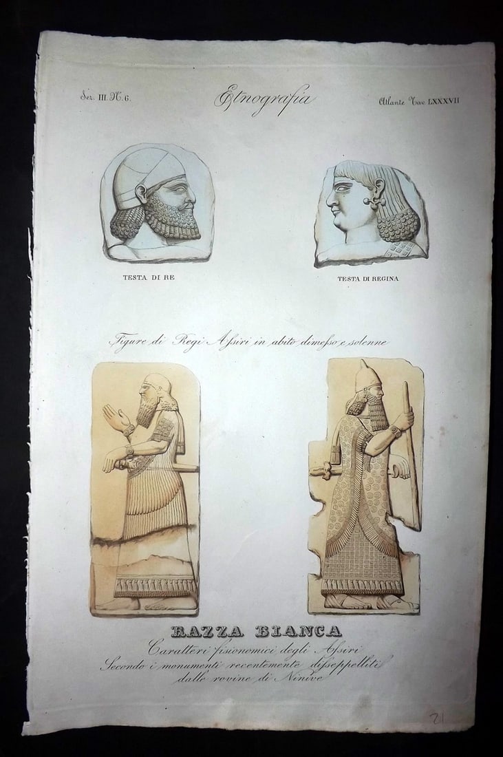 Marmocchi, F. C. 1845 Folio HCol Print. Assyrian Sculptured Portraits, Reliefs (1 of 2)