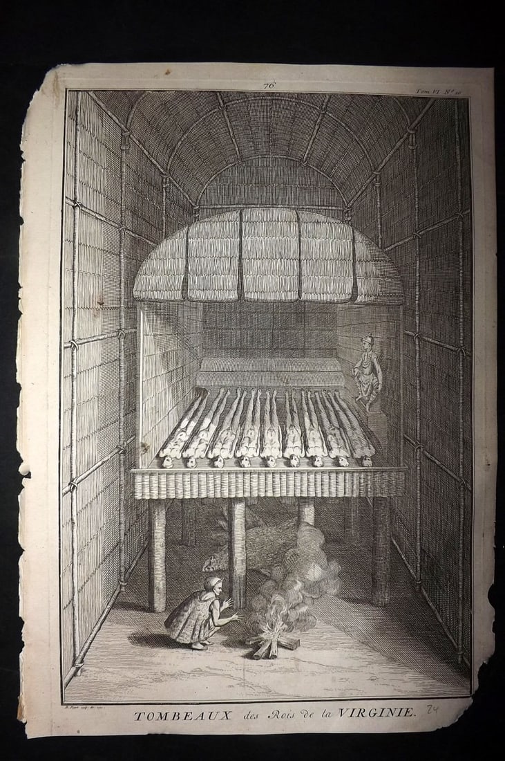 Picart, Bernard 1789 Folio Print. USA - Virginia Tomb, Native Americans: "Tombeaux des Rois de la Virginie" Folio Copper Plate Published 1789, Amsterdam for "Ceremonies et Coutumes Religieuses des tous les Peuples du Monde" by Bernard Picart. Paper Size: 13.5 x 9.5 inch (3