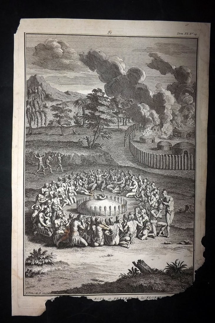 Picart, Bernard 1789 Folio Print. USA - Florida - Native American Ceremony: Folio Copper Plate Published 1789, Amsterdam for "Ceremonies et Coutumes Religieuses des tous les Peuples du Monde" by Bernard Picart. Paper Size: 13.5 x 9.5 inch (34 x 24cm) Approx. Chipping to botto