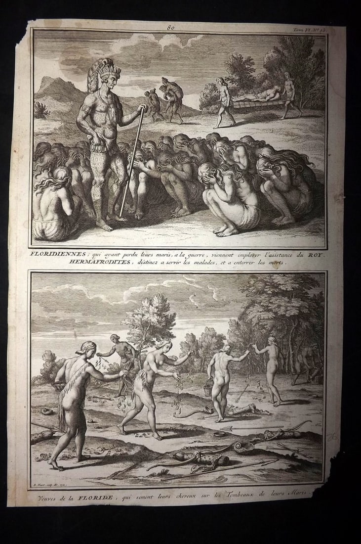 Picart, Bernard 1789 Folio Print. USA - Florida - Native American Ceremonies: Folio Copper Plate Published 1789, Amsterdam for "Ceremonies et Coutumes Religieuses des tous les Peuples du Monde" by Bernard Picart. Paper Size: 13.5 x 9.5 inch (34 x 24cm) Approx. Bottom margin tri