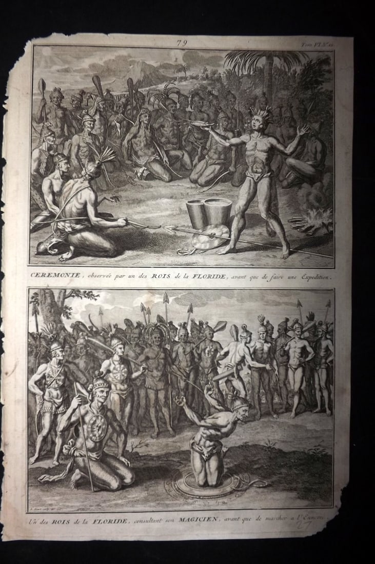 Picart, Bernard 1789 Folio Print. USA - Florida - Native American Ceremonies: Folio Copper Plate Published 1789, Amsterdam for "Ceremonies et Coutumes Religieuses des tous les Peuples du Monde" by Bernard Picart. Paper Size: 13.5 x 9.5 inch (34 x 24cm) Approx. Some corner chips