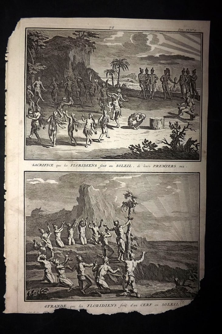 Picart, Bernard 1789 Folio Print. USA - Florida - Native American Sacrifice: Folio Copper Plate Published 1789, Amsterdam for "Ceremonies et Coutumes Religieuses des tous les Peuples du Monde" by Bernard Picart. Paper Size: 13.5 x 9.5 inch (34 x 24cm) Approx. Chipping to botto