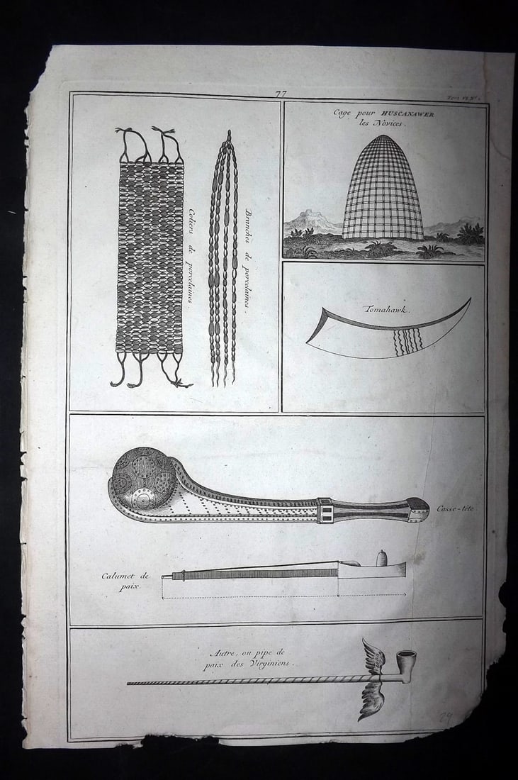 Picart, Bernard 1789 Folio Print. USA - Virginia - Native America Pipe, Tomahawk, Jewelry (1 of 1)