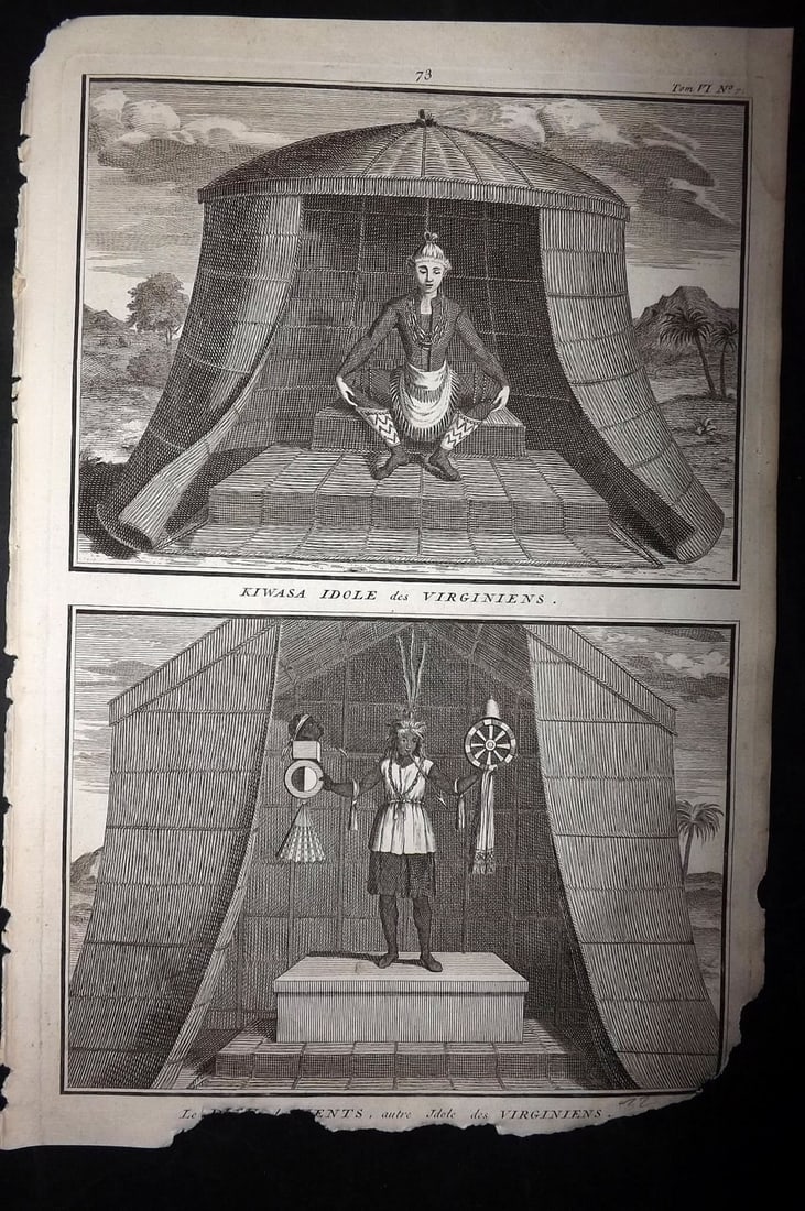 Picart, Bernard 1789 Folio Print. USA - Virginia - Idols & Tents: Folio Copper Plate Published 1789, Amsterdam for "Ceremonies et Coutumes Religieuses des tous les Peuples du Monde" by Bernard Picart. Paper Size: 13.5 x 9.5 inch (34 x 24cm) Approx. Chipping to botto
