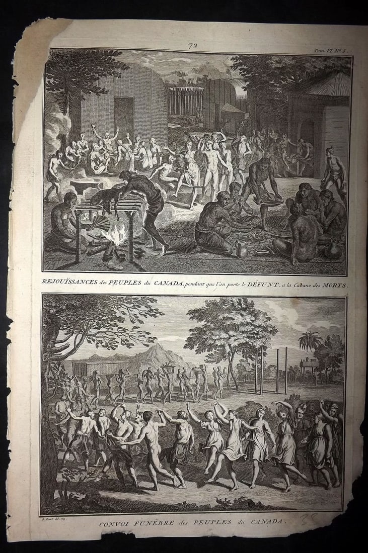Picart, Bernard 1789 Folio Print. Canada - Funeral Ceremonies: Folio Copper Plate Published 1789, Amsterdam for "Ceremonies et Coutumes Religieuses des tous les Peuples du Monde" by Bernard Picart. Paper Size: 13.5 x 9.5 inch (34 x 24cm) Approx. Corner chips bott